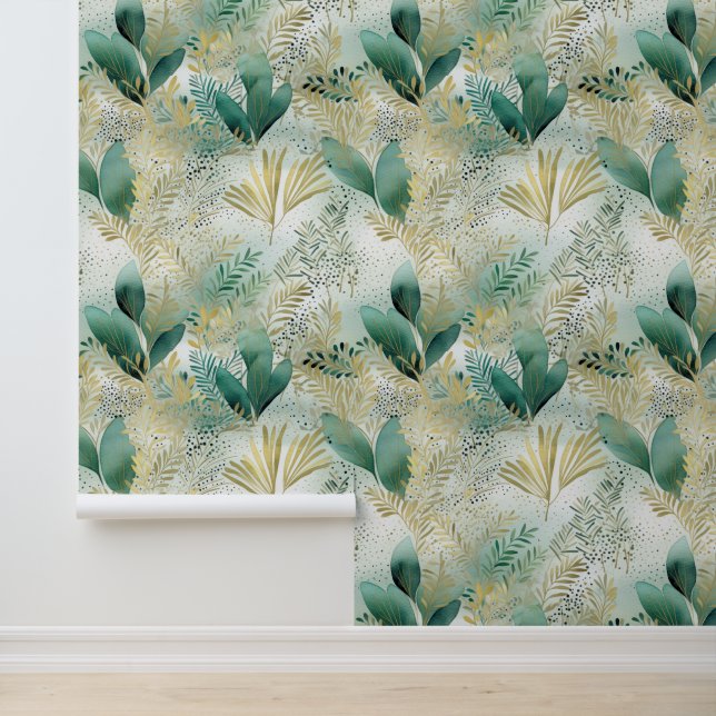 Papier Peint Abstraits Feuilles floraux d'or vert blanc (Application)