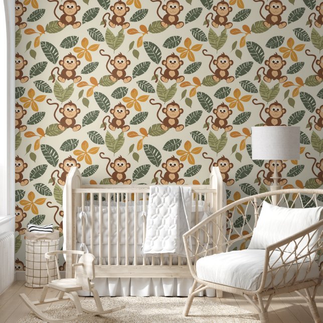 Papier Peint Adorable Singe Tropical Leaf Baby Nursery (Enfants)