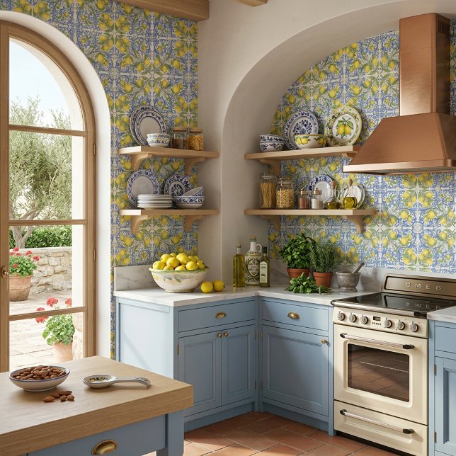 Papier Peint Amalfi Coast Mediterranean Blue Tile Lemon Pattern (Amalfi Coast Mediterranean Blue Tile Lemon Pattern Wallpaper )