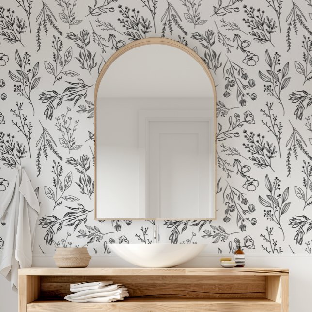 Papier Peint AMELIA Floral Boho Botanique Fleur Noir Blanc (AMELIA Floral Boho Botanical Flower Black White Wallpaper)