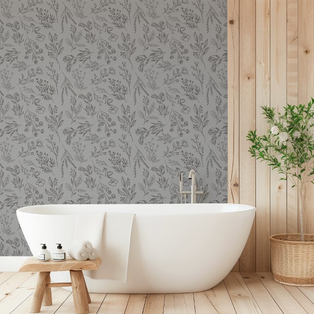 Papier Peint AMELIA Floral Flower gris foncé noir (AMELIA Floral Botanical Flower Dark Gray Black Wallpaper)