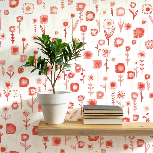 Papier Peint Amusant Retro rose et blanc motif floral (Retro groovy floral pink and white wildflower pattern peel and stick wallpaper)