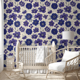 Papier Peint Anémone Bleu Marine Classique Floral Sans Couture