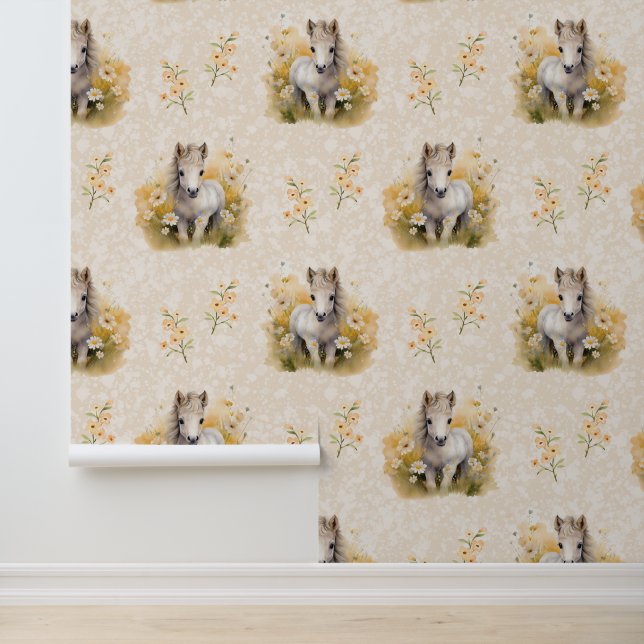 Papier Peint Animaux de ferme Bébé Cheval Blanc Floral à la crè (Application)