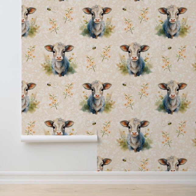 Papier Peint Animaux de ferme Bébé Vache Calf Floral Crème de v (Application)