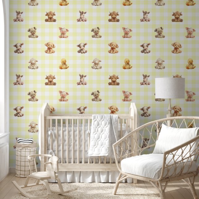Papier Peint Animaux de ferme Jouets Jaune Plaid Baby Nursery (Enfants)