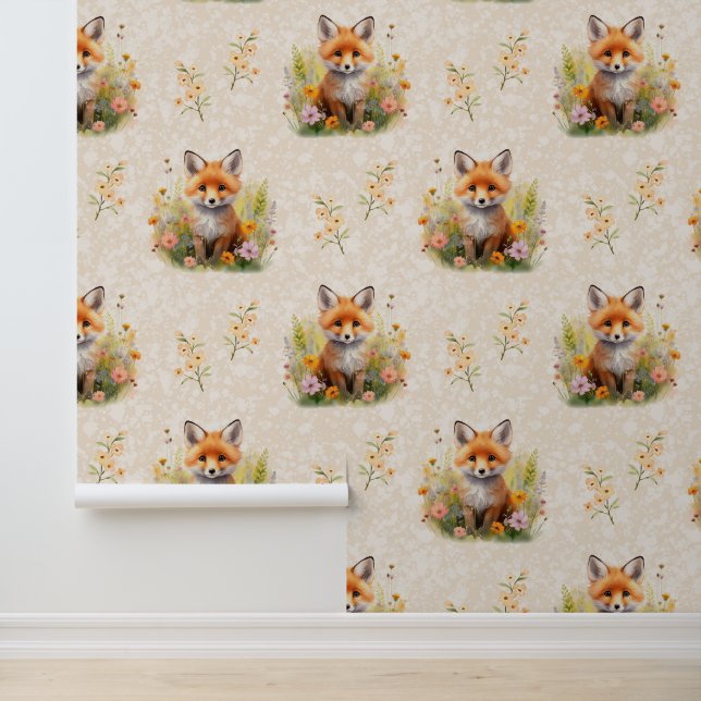Papier Peint Animaux de forêt Baby Fox Fleurs sauvages sur crèm (Application)