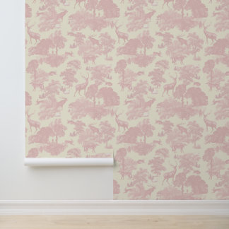 Papier Peint Animaux élégants de la forêt en rose pâle et beige
