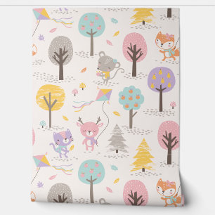Papier Peint Animaux mignons de la forêt d'automne avec des cer