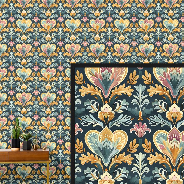 Papier Peint Aqua Blue Yellow Gold Art Nouveau (Créateur téléchargé)