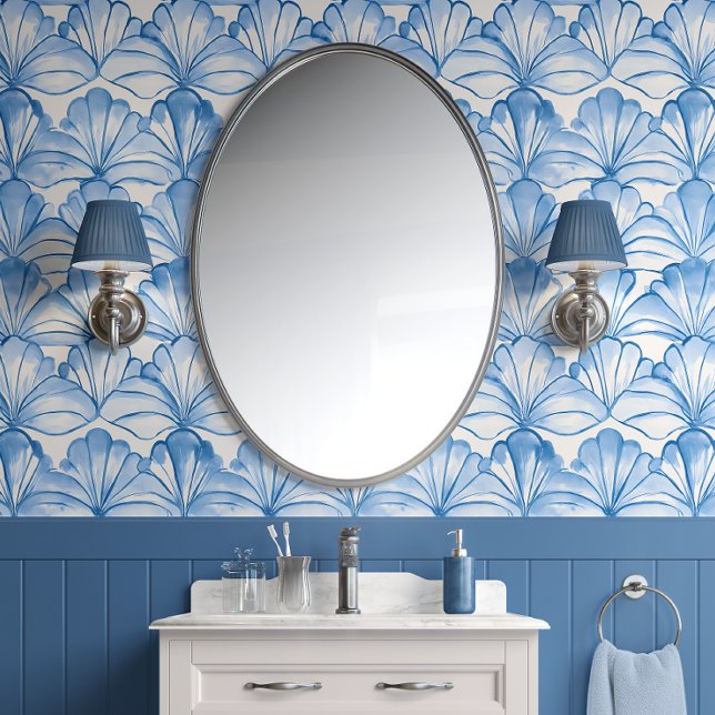 Papier Peint Aqua Fan Breeze - Bleu, Blanc - Côté (Watercolor Sea Fan Harmony Peel and Stick Wallpaper )