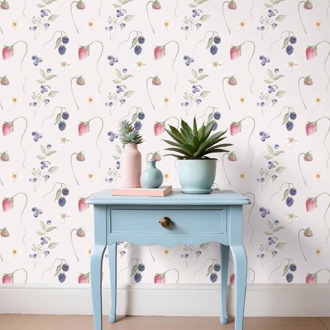 Papier Peint Aquarelle artistique Baies sauvages et motifs flor (Artistic Watercolor Wild Berries & Floral Pattern Wallpaper)