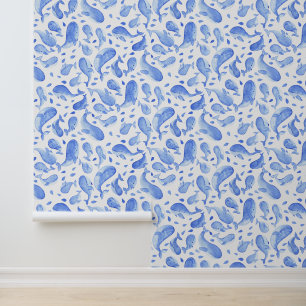 Papier Peint Aquarelle Baleine Bleue Cobalt Paisley avec Crème