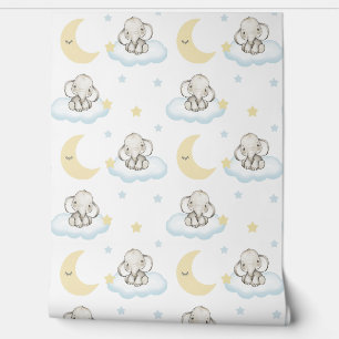 Papier Peint Aquarelle Bébé Eléphant Nuages Étoiles Lune endorm