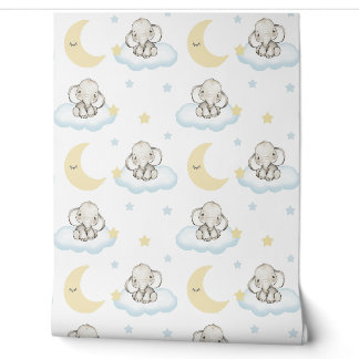 Papier Peint Aquarelle Bébé Eléphant Nuages Étoiles Lune endorm