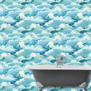 Papier Peint Aquarelle Bleu Blanc Abstrait Vagues de mer Côtier