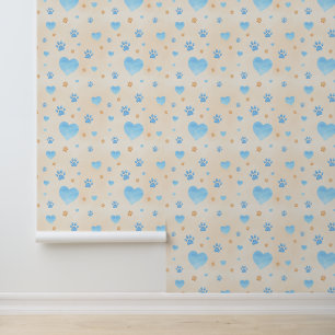 Papier Peint Aquarelle Bleu Coeurs et Empreintes de pattes Moti