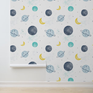 Papier Peint Aquarelle Blue Space Planet Motif