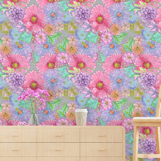 Papier Peint Aquarelle Bohème Élégante Grandes Fleurs Stylisées (Créateur téléchargé)