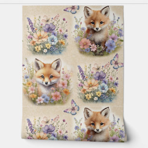 Papier Peint Aquarelle Bois Animal Fox Floral Papillon
