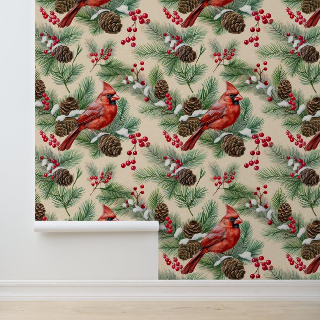 Papier Peint Aquarelle Bois Branche du pin des neiges Oiseau ca (Application)
