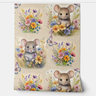 Papier Peint Aquarelle Bois Souris Animal Papillon Floral