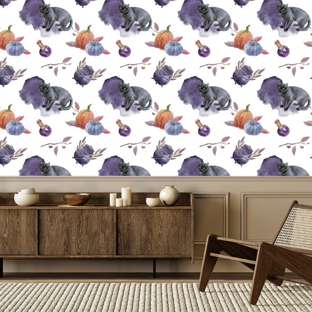 Papier Peint Aquarelle Chat, Flacon et Citrouille Design Éffray (Créateur téléchargé)