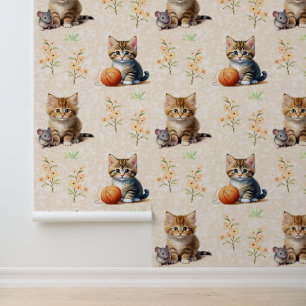 Papier Peint Aquarelle Chat Souris Fleur de fils sur Crème text