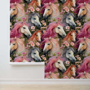 Papier Peint Aquarelle Chevaux Sauvages Fleurs de Mane