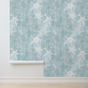 Papier Peint Aquarelle Coraux et Starfish Poudre Bleu Côte