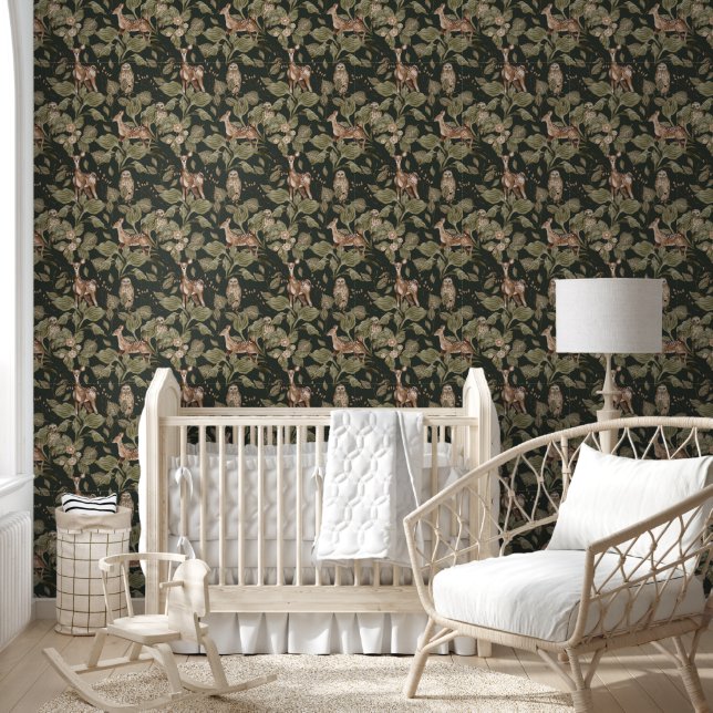 Papier Peint Aquarelle de la forêt foncée Deer & Green Wallpape (Enfants)