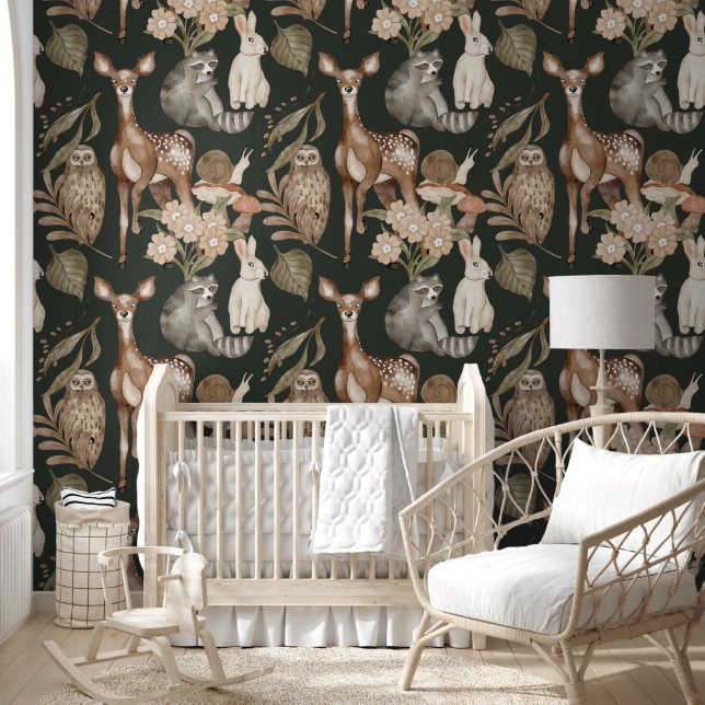 Papier Peint Aquarelle de la forêt foncée Deer & Green Wallpape (Enfants)