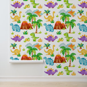 Papier Peint Aquarelle Dinosaures Trex Volcano Palmiers Enfants