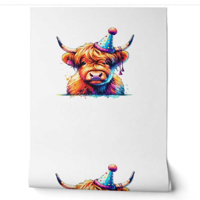 Papier Peint Aquarelle écossaise Highland Cow Anniversaire Esse (Déroulement)