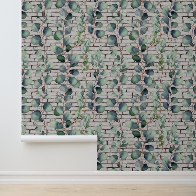 Papier Peint Aquarelle Eucalyptus Briques Feuilles vertes Branc (Application)
