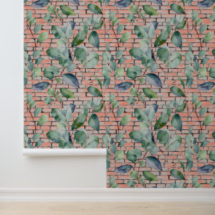 Papier Peint Aquarelle Eucalyptus Rustique brique Feuille verdu