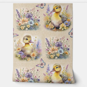Papier Peint Aquarelle ferme animal bébé canard papillon floral