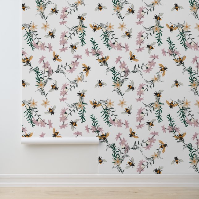 Papier Peint Aquarelle Fleur sauvage Floral Bumble Bees (Application)