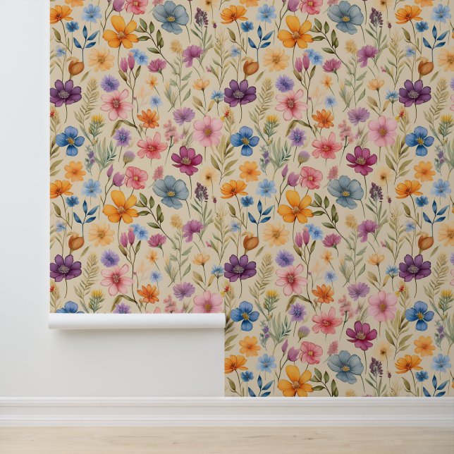 Papier Peint Aquarelle Fleurs sauvages sur crème (Application)