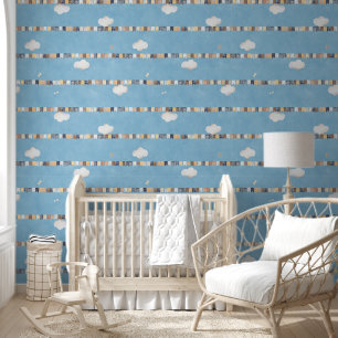 Papier Peint Aquarelle Garland drapeaux Nuages Sky Blue Nursery