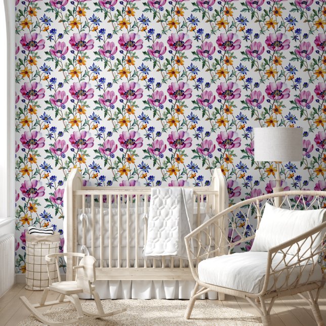 Papier Peint Aquarelle Joli violet et jaune Floral (Enfants)