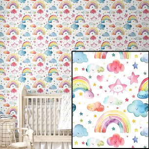Papier Peint Aquarelle mignonne rose vert bleu arc-en-ciel Étoi