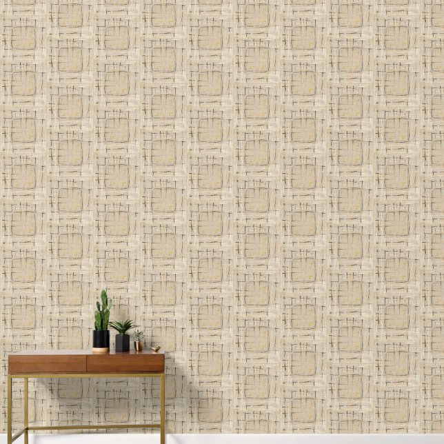 Papier Peint Aquarelle Moderne Plaid Crème Neutre Tan Brown (Couloir)