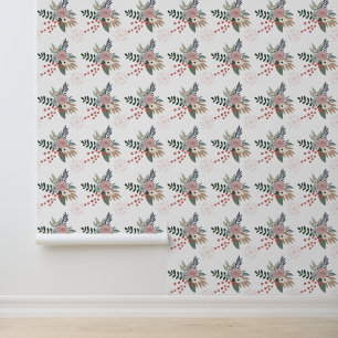 Papier Peint Aquarelle Noël Floral rose et vert