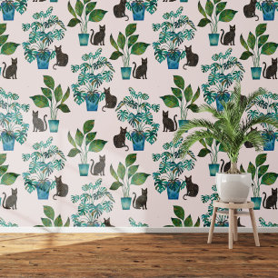 Papier Peint Aquarelle noir Chat Monstera Houseplant rose