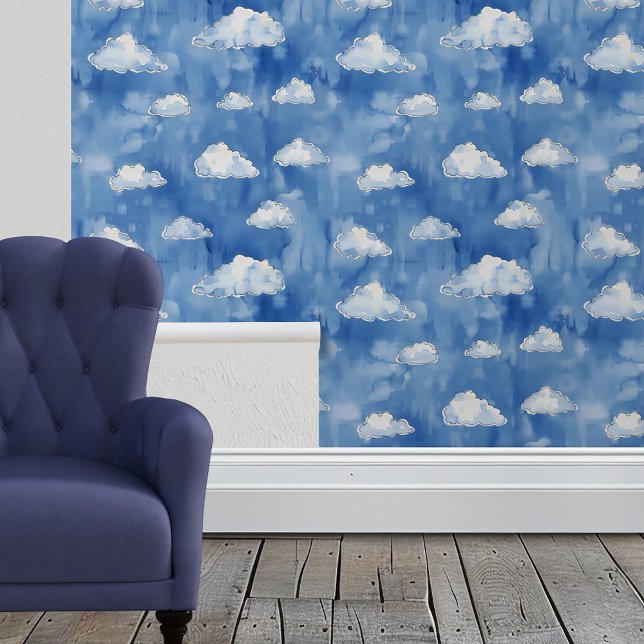 Papier Peint Aquarelle Nuages Bleu Pépinière (Créateur téléchargé)