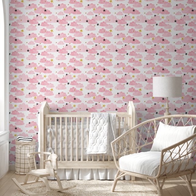 Papier Peint Aquarelle nuages roses Gold Stars (Enfants)