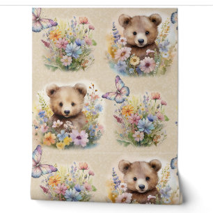 Papier Peint Aquarelle Ours animal de forêt Bécasseau floral