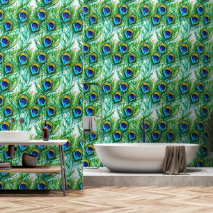 Papier Peint Aquarelle Plumes de paon bleu et vert Collage
