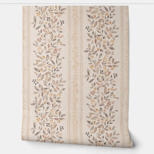 Papier Peint Aquarelle rayures florales chaud ocre brun